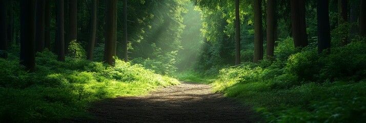 A sunbeam illuminates a path through a lush green forest, symbolizing hope, journey, nature, tranquility, and mystery.