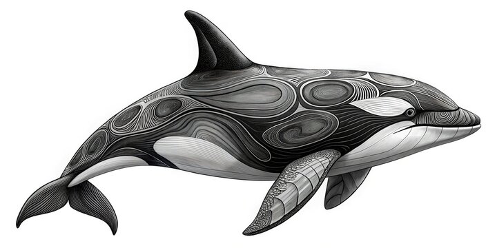 recommend clip art: A majestic orca whale rises from the depths, its black body shaded by varying degrees of gray, with intricate details on its fins.