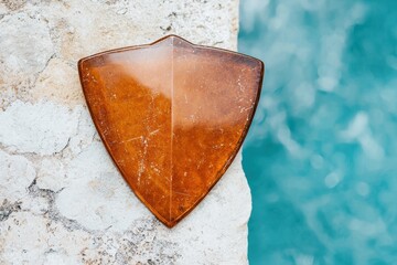 Amber-colored glass shield against turquoise water