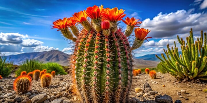 A majestic pipila cactus, its thick spines curved and vibrant, bursts forth with orange-red flowers in the spring desert landscape.
