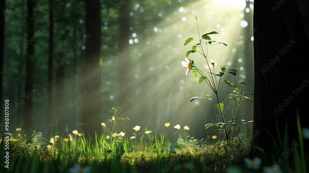Poster sunlight streams through a lush forest, illuminating a single delicate flower in the foreground, sym