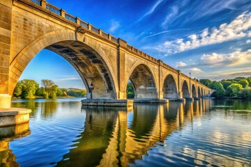 Fototapeta premium A majestic stone arch bridge spans the Potomac River, connecting Virginia and Washington D.C., with majestic columns and elegant stonework under a clear blue sky.