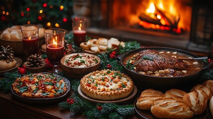 Rustic Christmas Eve dinner with a crackling fireplace, hearty dishes like roasted meats and soups, warm bread on the table, mulled wine, and hot chocolate, with soft candlelight and holiday greenery,