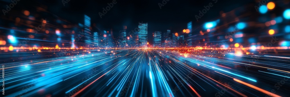 Poster futuristic cityscape illuminated by electron streams, showcasing a mesmerizing display of glowing ci