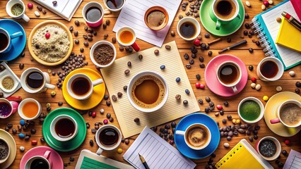 Fototapeta premium A page is filled with vibrant colors and whimsical illustrations, amidst scattered coffee cups and scribbled notes, amidst a world of imagination and creative expression unfolds.