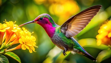 Fototapeta premium A pink hummingbird savors nectar from a sunny yellow bloom, its feathers shimmering with iridescence as it flits between lush green foliage.