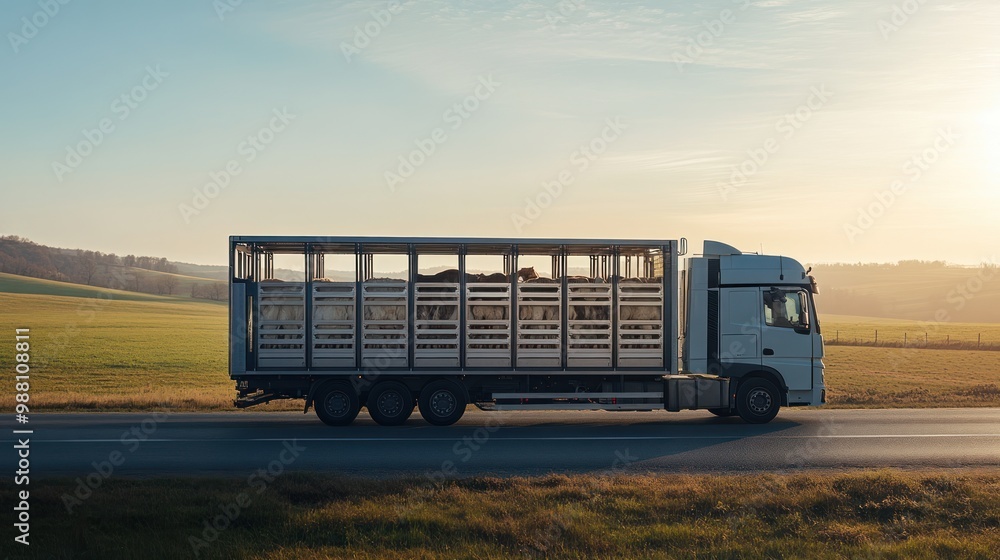 Canvas Prints A livestock transport truck driving on a rural road at sunset.