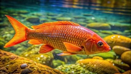 Naklejka premium A radiant orange-hued fish emerges from the riverbank, its iridescent scales glistening in the sunlight, as its magnificent dorsal fin slices through the crystal-clear waters.