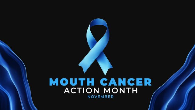 Mouth cancer action month. Blue color ribbon motion.