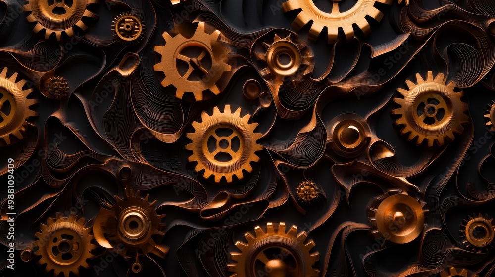 Poster interlocking gears and swirling abstract design, symbolizing complexity, precision, teamwork, moveme