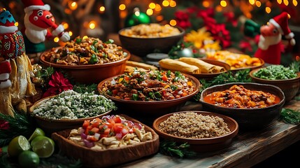 Vibrant Mexican-themed Christmas Eve dinner with colorful decorations, tamales, enchiladas, and pozole on a beautifully set table, surrounded by piñatas and festive lights,