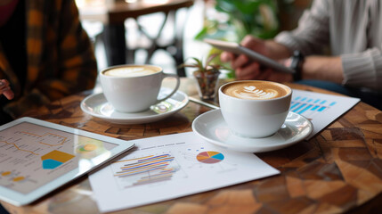 Two individuals are engaged in business discussion over coffee, analyzing charts and data on tablet.