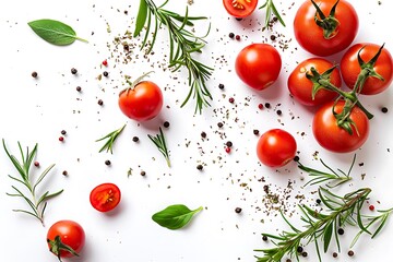 fresh tomato, herbs and spices isolated on white background,