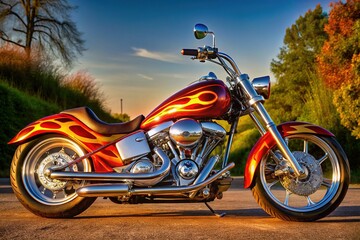 Obraz premium A sleek, low-rider motorcycle, hand-painted with vibrant flames, gleams in the sunlight, showcasing its uniquely designed bodywork and precision-crafted customizations.