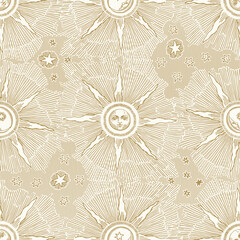 Vintage style golden sun moon stars seamless pattern print. Vector illustra you, surface design perfect for textiles, holiday themed fabrics, stationery, wallpaper, packaging, home and garden decor.