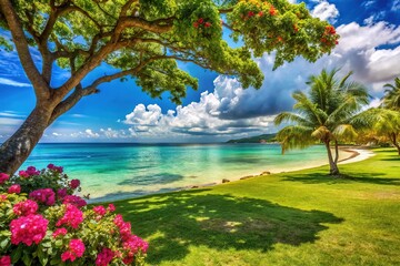 A tranquil seaside haven features emerald grass, gnarled trees, and colorful blooms, situated amidst sparkling turquoise waters and sunny blue skies.