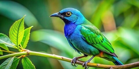 Fototapeta premium A vibrant blue crest on its forehead and chest contrasts with emerald green shoulders and wings as it perches on a lush branch.