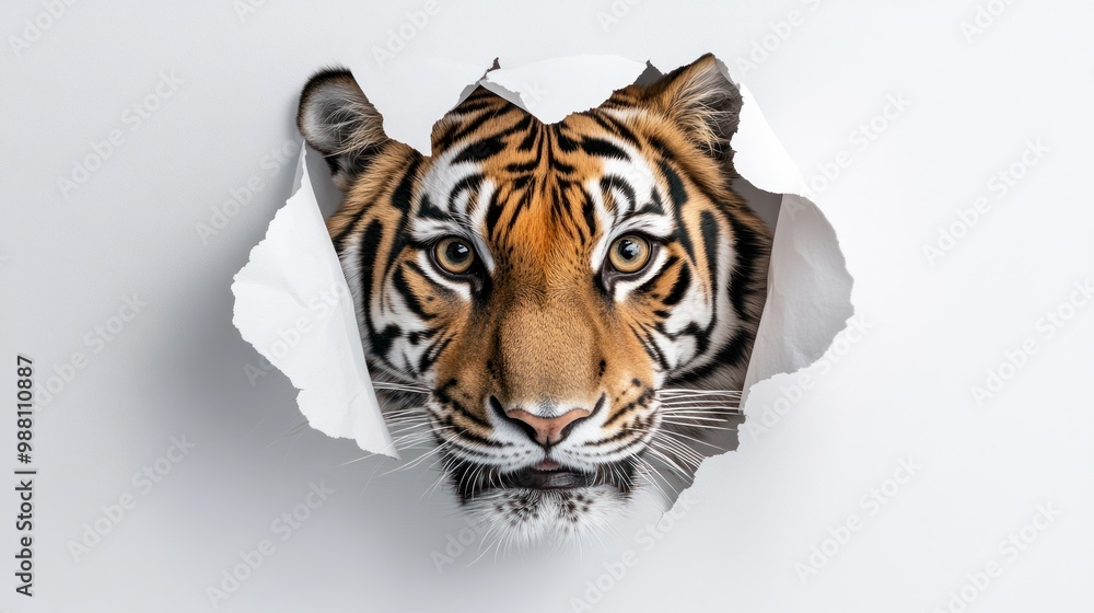 Poster a realistic tiger's face emerging from torn paper, creating a striking visual effect.