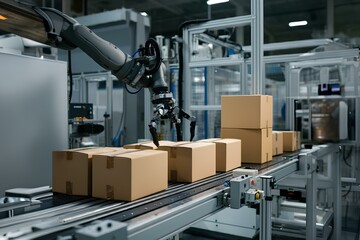 Naklejka premium 倉庫内のスチールコンベア上の段ボール箱を仕分けるロボットアーム。DX。デジタル変革｜Robot arm sorting cardboard boxes on steel conveyor in warehouse. DX. Digital transformation.