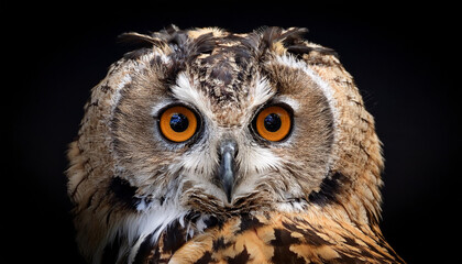 Obraz premium The close-up of a Great Spotted Owl on a black background. Detail bubo bubo. Owl on the background
