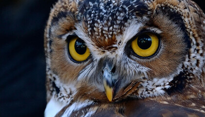 Obraz premium The close-up of a Great Spotted Owl on a black background. Detail bubo bubo. Owl on the background