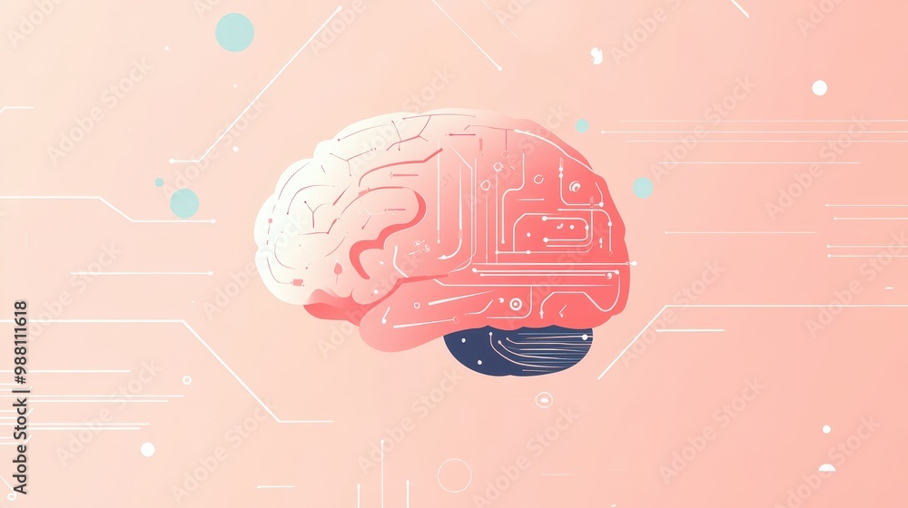 Poster futuristic robotic brain illustration in minimalist 2d vector style with soft pastel tones on transp