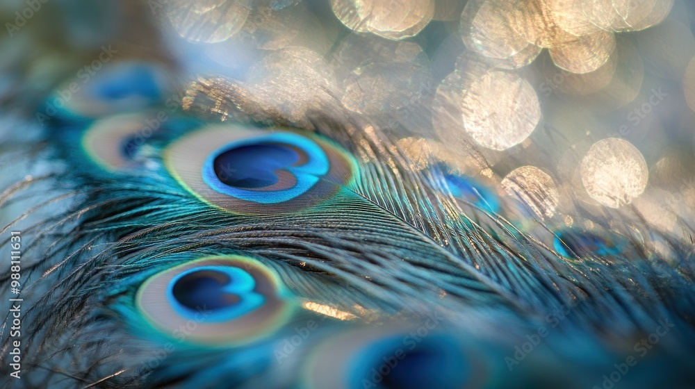 Poster a close-up of a peacock feather showcasing its vibrant colors and intricate patterns.