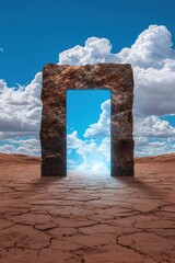 Surreal desert landscape with rocky archway and blue sky