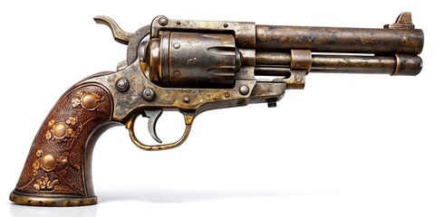 Aged revolver with rust-oxidized metal and intricate engravings on the barrel, telling a tale of countless battles and worn-down elegance.