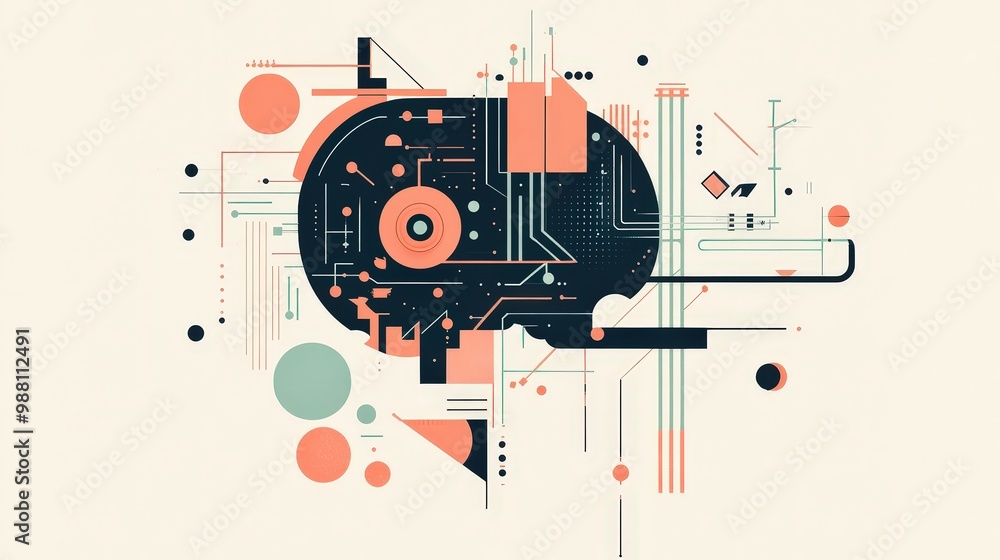 Poster technological minimalism: 2d flat vector robot brain with geometric shapes and circuits on transpare