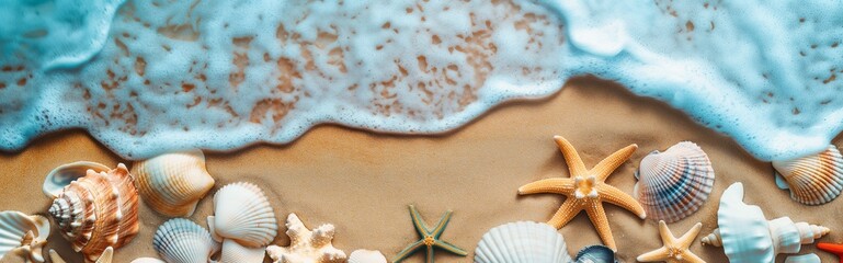 Top view of a sandy beach with various seashells and starfish.
