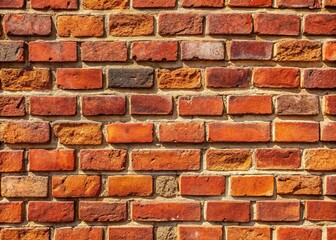 Obraz premium Classic red brick wall with alternating header and stretcher bond pattern, textured and weathered, with subtle mortar lines and warm, natural tones.