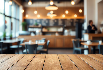 Blurred cafe restaurant with abstract bokeh light defocused background and empty wooden table for display product montage