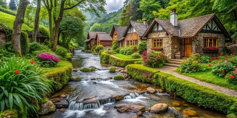 Charming Cottages Nestled Amidst Lush Greenery And The Gentle Flow Of A Babbling Brook, Creating A Serene And Picturesque Retreat.