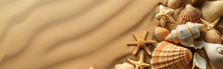 Top view of a sandy beach with various seashells and starfish.

