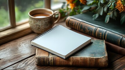 A Blank Spiral Notebook Resting on Vintage Books