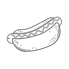 Hot dog with mustard or ketchup icon in doodle engraved sketch style. Traditional fast food product. Hand drawn illustration for cafe, bakery, restaurant menu