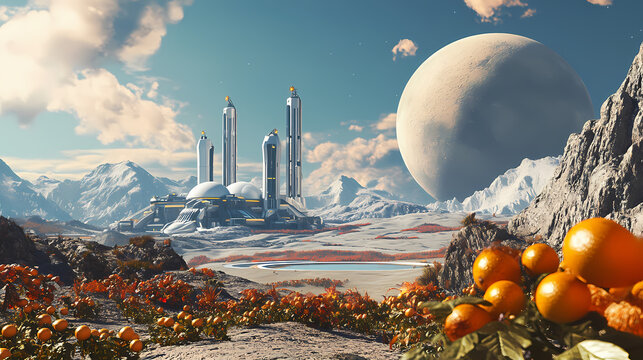Retro space colony harvest, traditional farming techniques on a terraformed planet. Terraforming Planet. Illustration