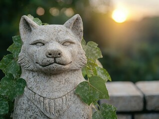 Serene stone cat statue in nature