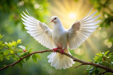 Fototapeta premium Delicate, intricately designed white dove perches on a slender branch, spread wings shining with soft, feathery texture, surrounded by subtle, wispy foliage and gentle light.