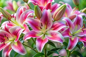 Fototapeta premium Delicate, trumpet-shaped Lilium Stargazer blooms in vibrant pink and white hues, subtly fragrant and radiating elegance, against a soft, diffused background.
