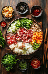 A Bowl of Chinese Hotpot with Various Meats and Vegetables A Flavorful and Communal Dining Experience