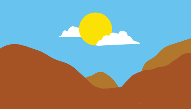 Vibrant and minimal illustration of mountains, the sun, and fluffy clouds in bright colors. Perfect for nature-themed designs and uplifting projects. Available as EPS 