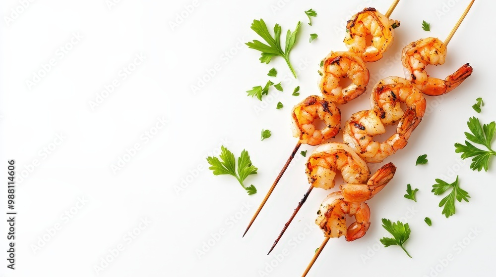 Poster grilled shrimp skewer in minimal vector style on white background with space for content design