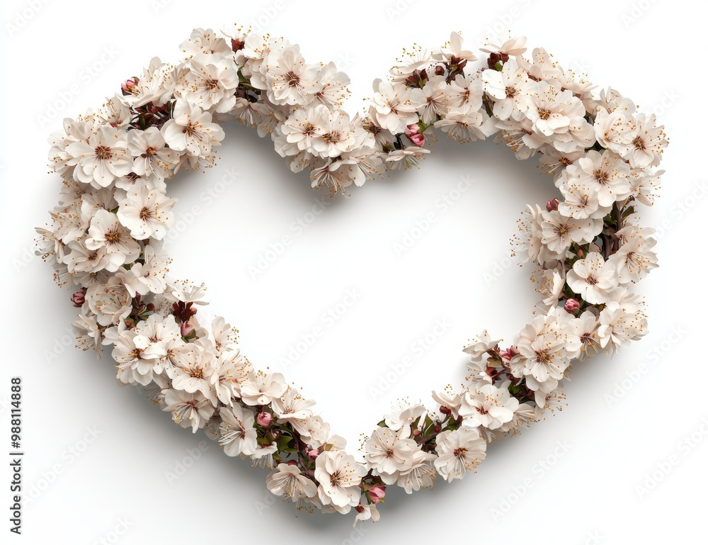 Poster heart-shaped wreath of white cherry blossoms