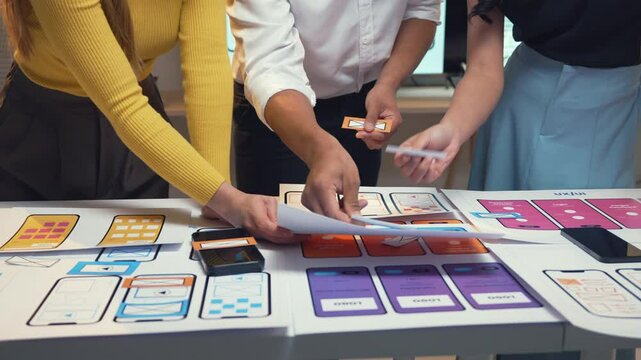 Three designers collaborate on a new mobile application, arranging various cards on a large table to brainstorm ideas and develop an effective user interface
