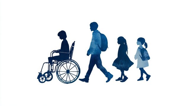 Illustration depicting inclusive education with a student in a wheelchair, accompanied by classmates, representing a diverse and supportive learning environment.