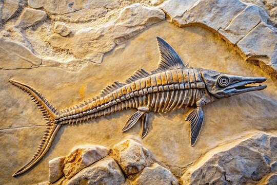 Fossilized remains of ancient Shonisaurus, a prehistoric ichthyosaur, embedded in limestone rock, with delicate fins and scales still visible, showcasing a dinosaur-era marine giant.