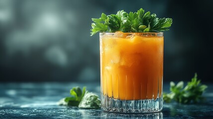 Iced Orange Juice in a Glass with Parsley Garnish