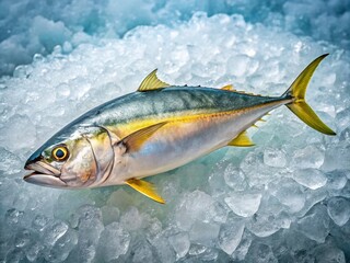 Freshly caught kingfish fish lies on a bed of ice, its shimmering silver scales and vibrant yellow fins glistening with dew, showcasing its majestic beauty.
